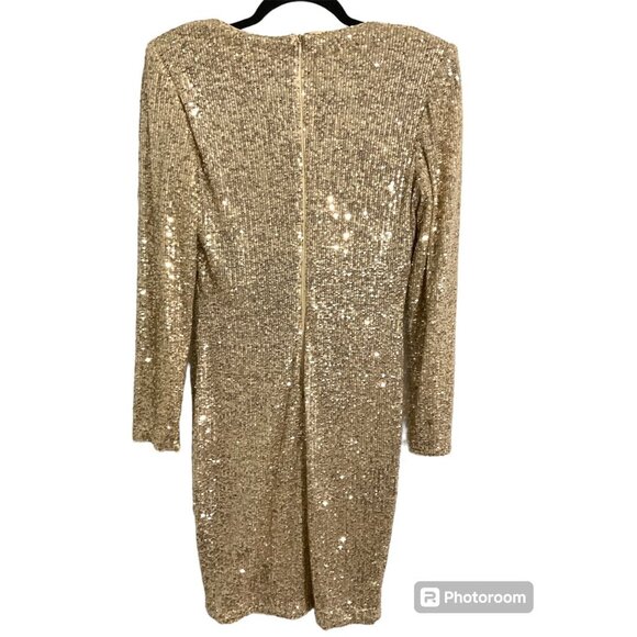 Eliza J Dress Long Sleeve V-Neck Diamond Panel Sequin Cocktail Dress Gold size 8 - Picture 3 of 11